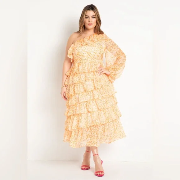 Eloquii | Dresses | Eloquii Orange Patterned Chiffon Ruffled Dress Sz 8 |  Poshmark